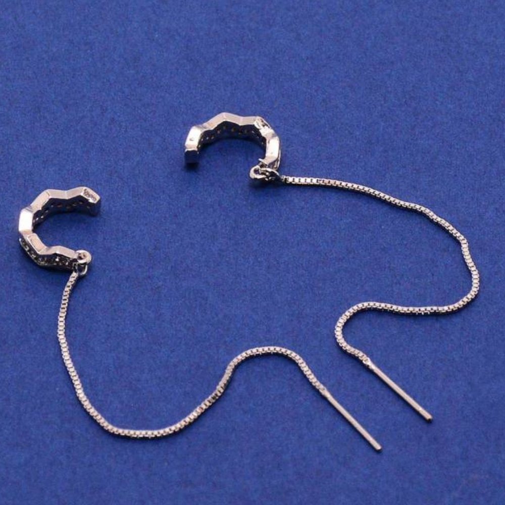 NWOT 925 sterling silver threader earring semicircle chevon zig-zags w CZ